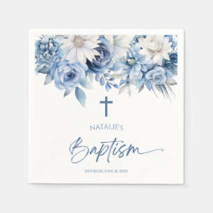 Elegant Dusty Blue Floral Baptism Napkin