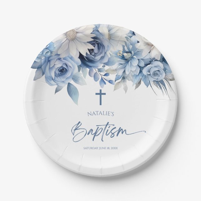 Elegant Dusty Blue Floral Baptism Paper Plate (Front)