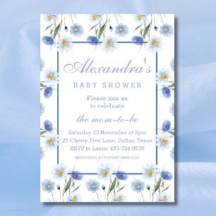 Elegant Dusty Blue Floral Boho Baby Shower Invitation