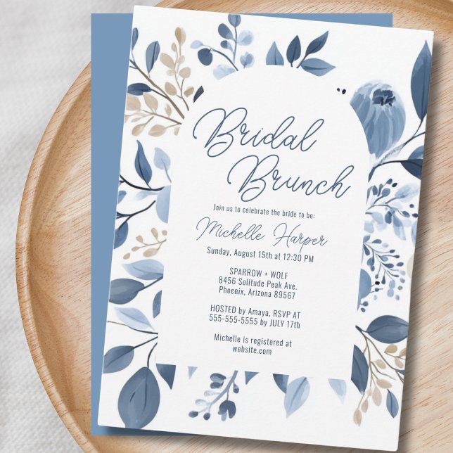 Elegant Dusty Blue Floral Boho Bridal Brunch Invitation (Bridal brunch invitation with elegant dusty blue floral and boho design on wood.)