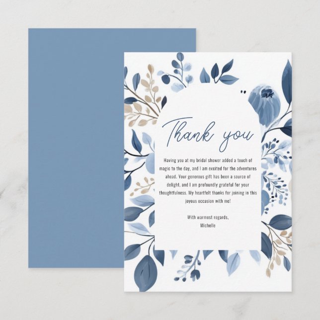 Elegant Dusty Blue Floral Boho Bridal Shower Thank You Card (Front/Back)