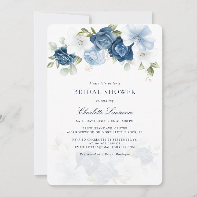 Elegant Dusty Blue Floral Botanical Bridal Shower Invitation (Front)