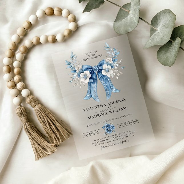 Elegant Dusty Blue Floral Bow Wedding Acrylic Invitations (Creator Uploaded)