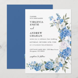Elegant Dusty Blue Floral Bow Wedding Invitation