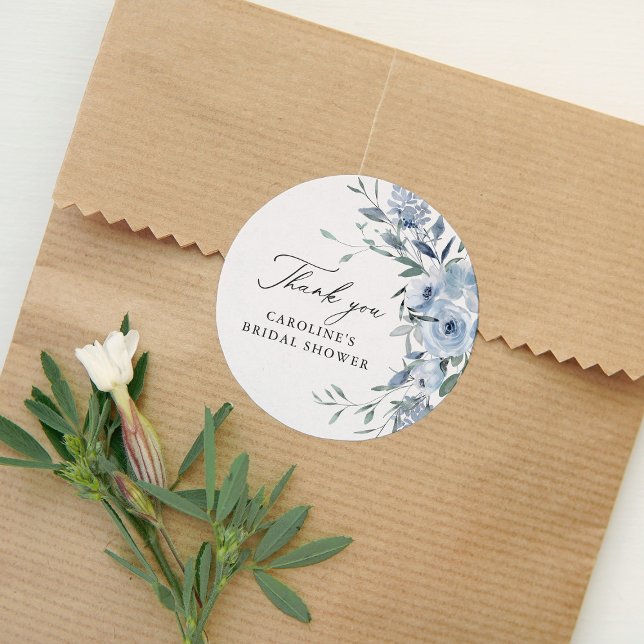 Elegant Dusty Blue Floral Bridal Shower  Classic Round Sticker (Creator Uploaded)