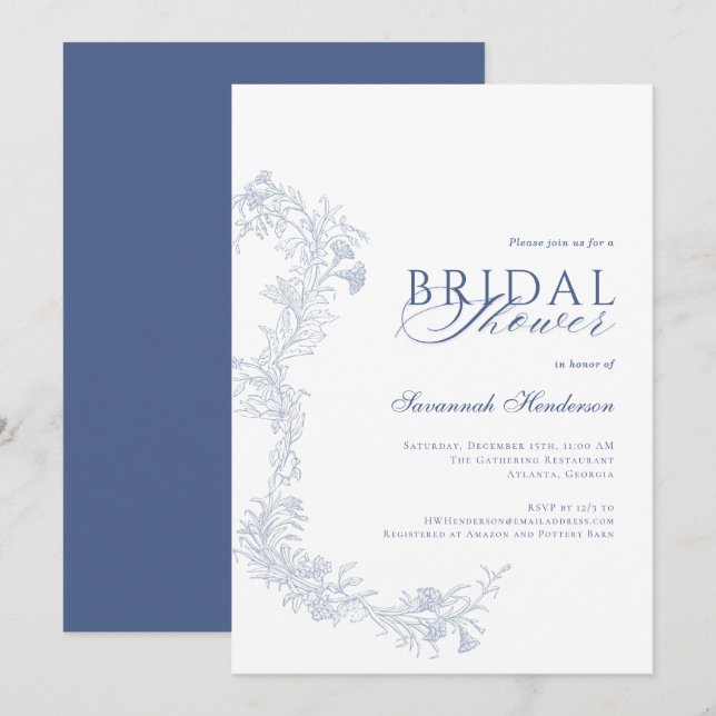Elegant Dusty Blue Floral Bridal Shower  Invitation (Front/Back)