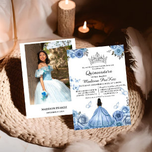 Elegant  Dusty Blue Floral Butterfly  Quinceanera Invitation