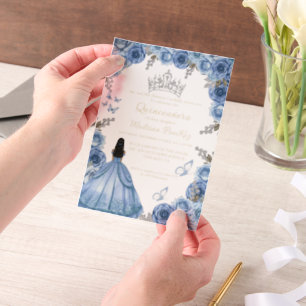 Elegant Dusty Blue Floral Butterfly  Quinceanera  Vellum Invitations