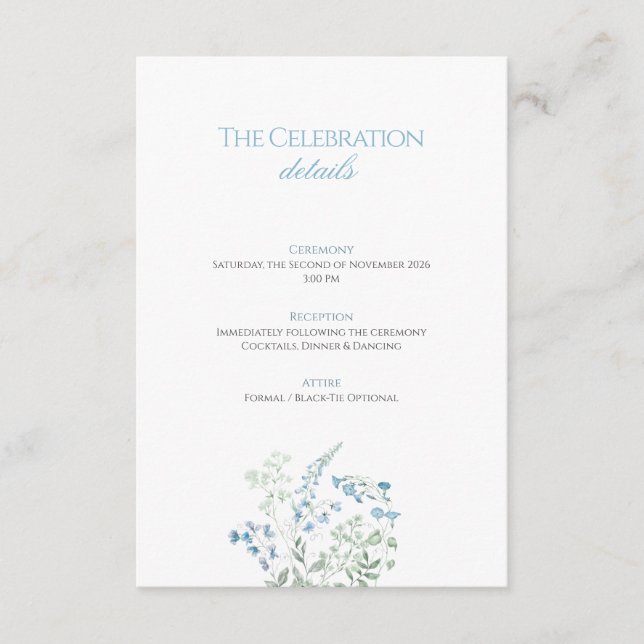 Elegant Dusty blue Floral Calligraphy Wedding Enclosure Card (Front)