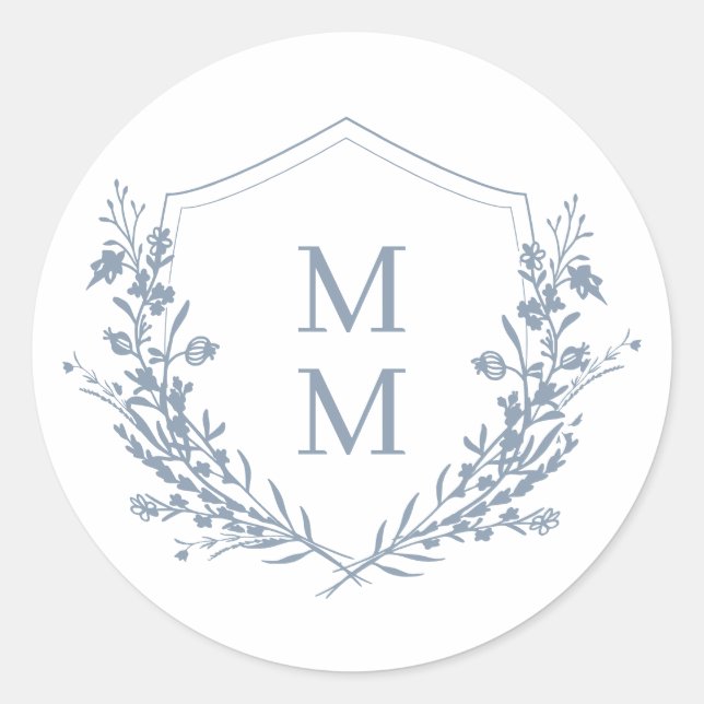 Elegant Dusty Blue Floral Crest Monogram Wedding Classic Round Sticker (Front)