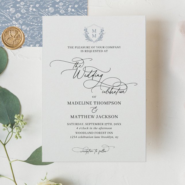 Elegant  Dusty Blue Floral Crest Monogram Wedding Invitation (Creator Uploaded)