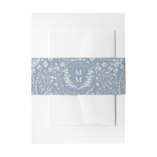 Elegant Dusty Blue Floral Crest Monogram Wedding Invitation Belly Band