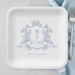 Elegant Dusty Blue Floral Crest Monogram Wedding Paper Plate<br><div class="desc">Classic dusty blue floral crest wedding paper plate with monograms,  perfect for a modern classic or romantic vintage wedding. For more advanced customization of this design,  please click the BLUE DESIGN TOOL BUTTON above! Matching items are also available.</div>