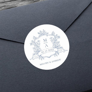 Elegant Dusty Blue Floral Crest Monograms Wedding Classic Round Sticker