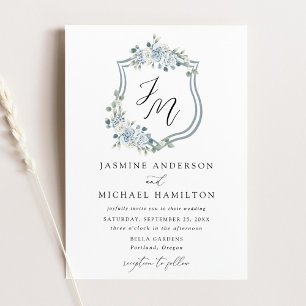 Elegant Dusty Blue Floral Crest Wedding Invitation