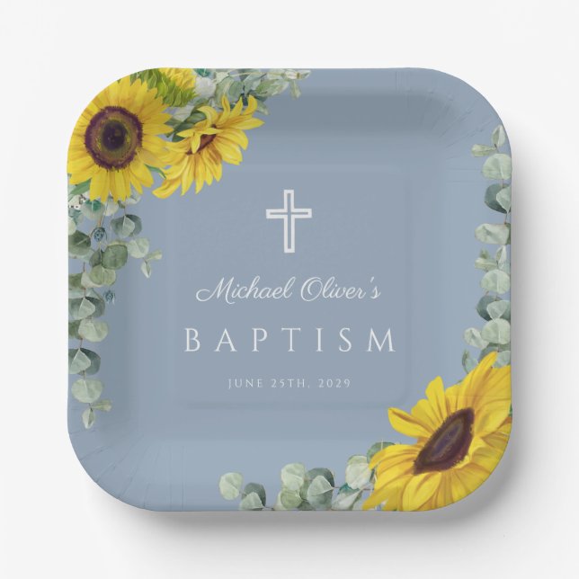 Elegant Dusty Blue Floral Cross Baptism Paper Plate (Front)