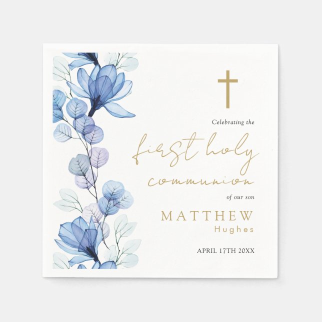 Elegant Dusty Blue Floral First Holy Communion Napkin (Front)