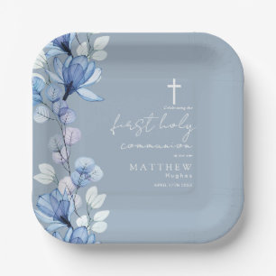 Elegant Dusty Blue Floral First Holy Communion Paper Plate