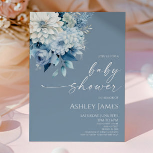 Elegant Dusty Blue Floral Flowers Baby Shower Invitation