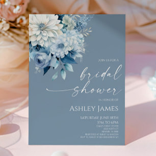 Elegant Dusty Blue Floral Flowers Bridal Shower Invitation