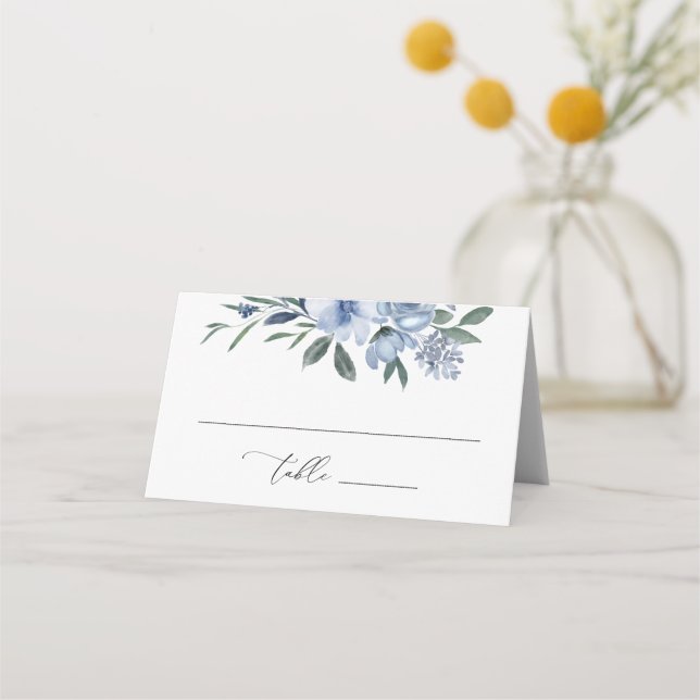 Elegant Dusty Blue Floral Folded Wedding Place Card (Front)