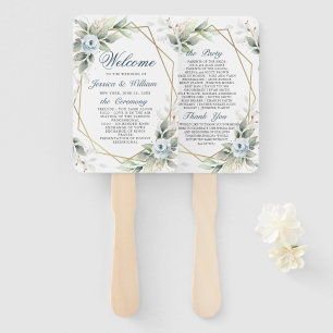 Elegant Dusty Blue Floral Foliage Wedding Program Hand Fan