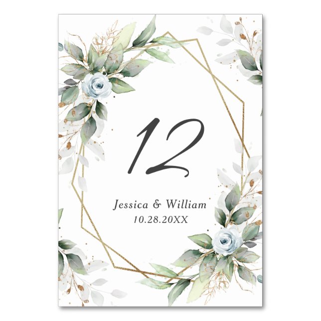 Elegant Dusty Blue Floral Foliage Wedding Table Number (Front)
