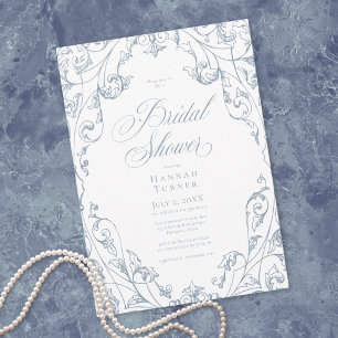 Elegant Dusty Blue Floral Frame Bridal Shower Invitation