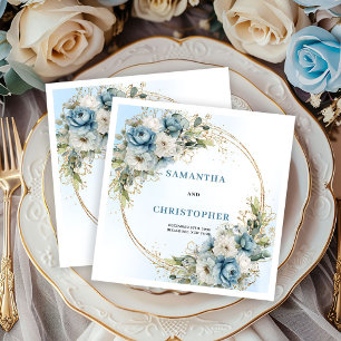 Elegant Dusty Blue Floral Frame Wedding Napkins