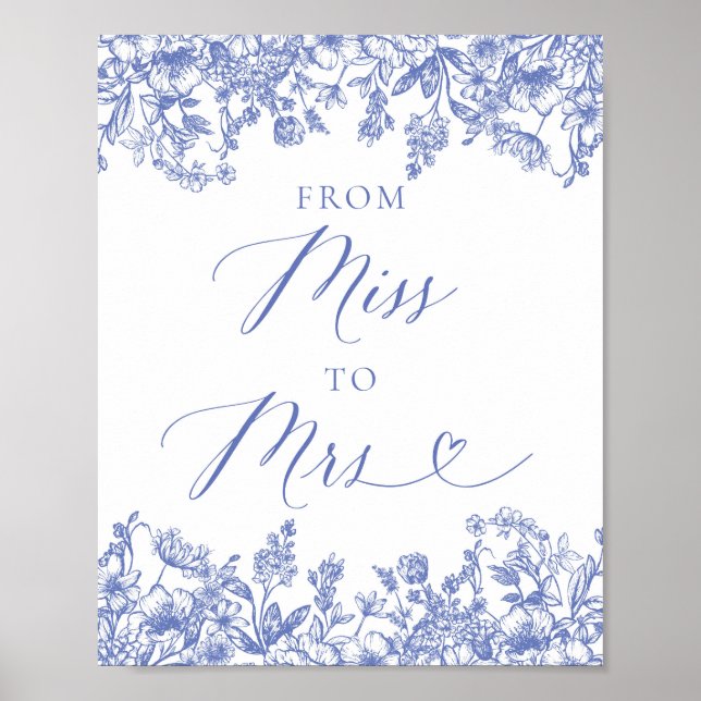 Elegant Dusty Blue Floral From Miss to Mrs Sign (Front)