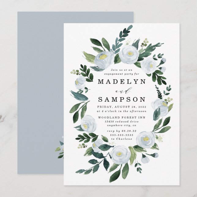 Elegant Dusty Blue Floral Garden Engagement Party Invitation (Front/Back)