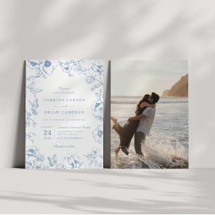 Elegant Dusty Blue Floral Garden Wedding Photo Invitation