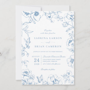 Elegant Dusty Blue Floral Garden Wedding Photo Invitation