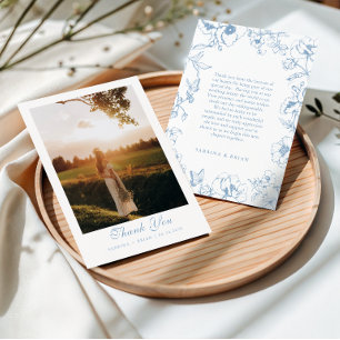 Elegant Dusty Blue Floral Garden Wedding Photo Thank You Card