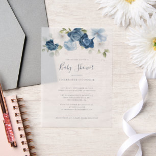 Elegant Dusty Blue Floral Girl Baby Shower Vellum Invitations