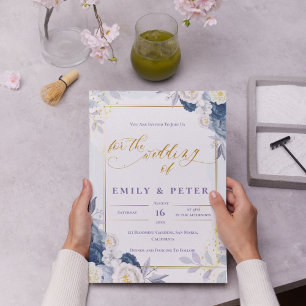 Elegant Dusty Blue Floral Gold Border Wedding Invitation