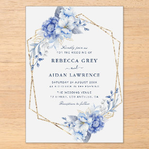 Elegant Dusty Blue Floral Gold Geometric Wedding Acrylic Invitations