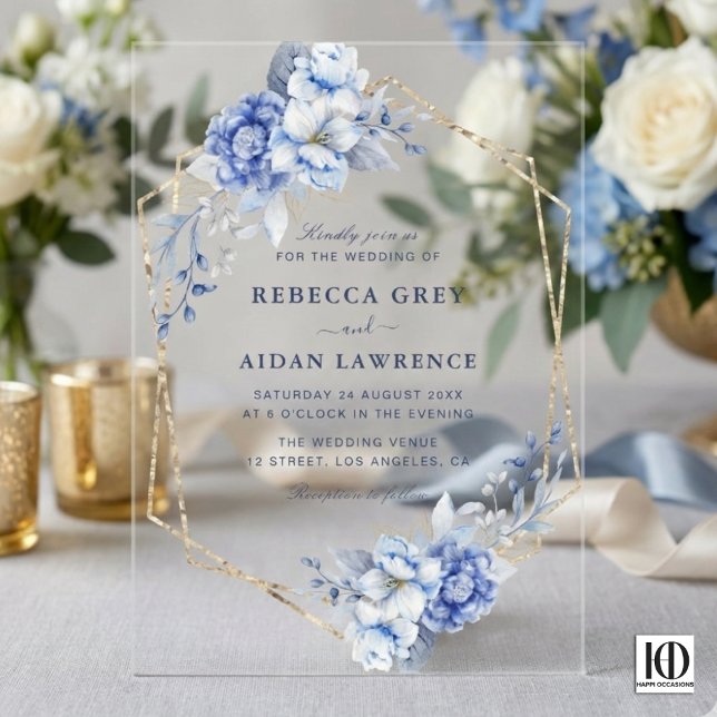 Elegant Dusty Blue Floral Gold Geometric Wedding Acrylic Invitations (Creator Uploaded)