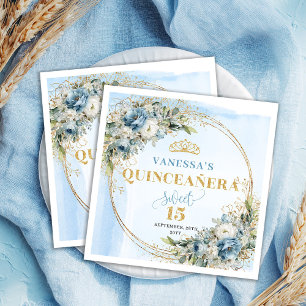 Elegant Dusty Blue Floral Gold Quinceañera Napkins