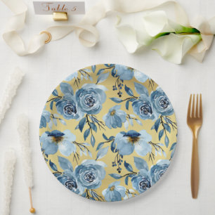 Elegant Dusty Blue Floral & Gold Round Party  Paper Plate