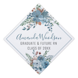Elegant Dusty Blue Floral Graduating Future Nurse Graduation Cap Topper