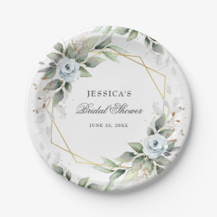 Elegant Dusty Blue Floral Greenery Bridal Shower Paper Plate
