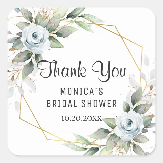 Elegant Dusty Blue Floral Greenery BRIDAL SHOWER Square Sticker (Front)
