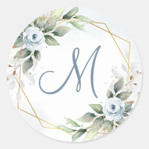Elegant Dusty Blue Floral Greenery MONOGRAM Classic Round Sticker