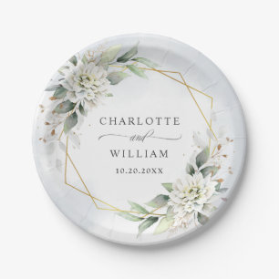 Elegant Dusty Blue Floral Greenery Wedding Paper Plate
