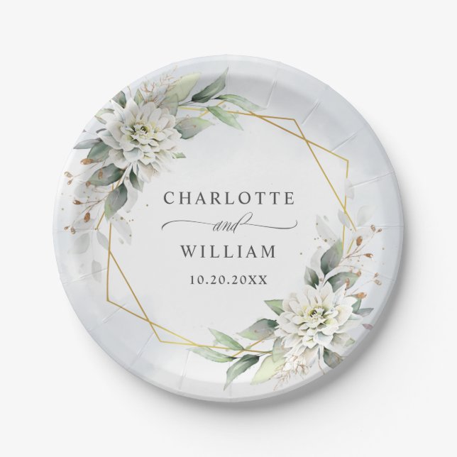 Elegant Dusty Blue Floral Greenery Wedding Paper Plate (Front)