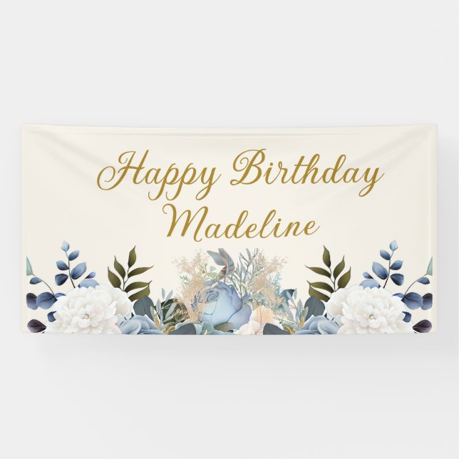 Elegant Dusty Blue Floral Happy Birthday Name Banner (Horizontal)