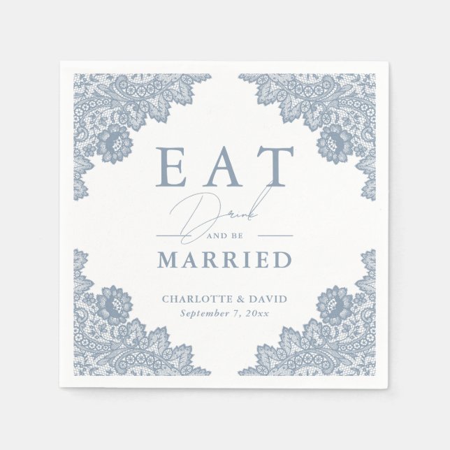 Elegant Dusty Blue Floral Lace Wedding Napkin (Front)