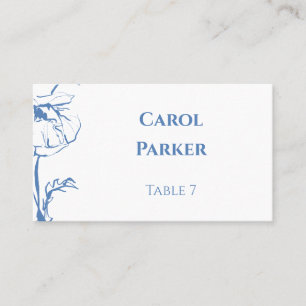 Elegant Dusty Blue Floral Line Art Flat Wedding Place Card