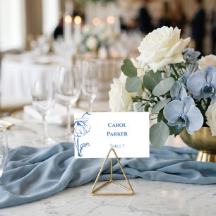Elegant Dusty Blue Floral Line Art Flat Wedding Place Card